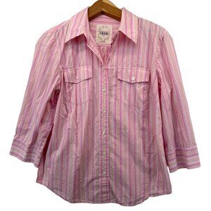 Izod Womens Button Shirt Sz M Pink Striped 3/4 Slv Classic Preppy BizCasual Ltwt
